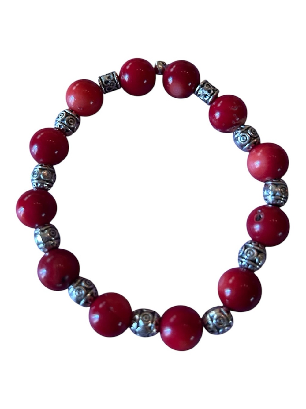 Artisan Red Coral Stretch Bracelet Balinese Silver Accent Beads OS